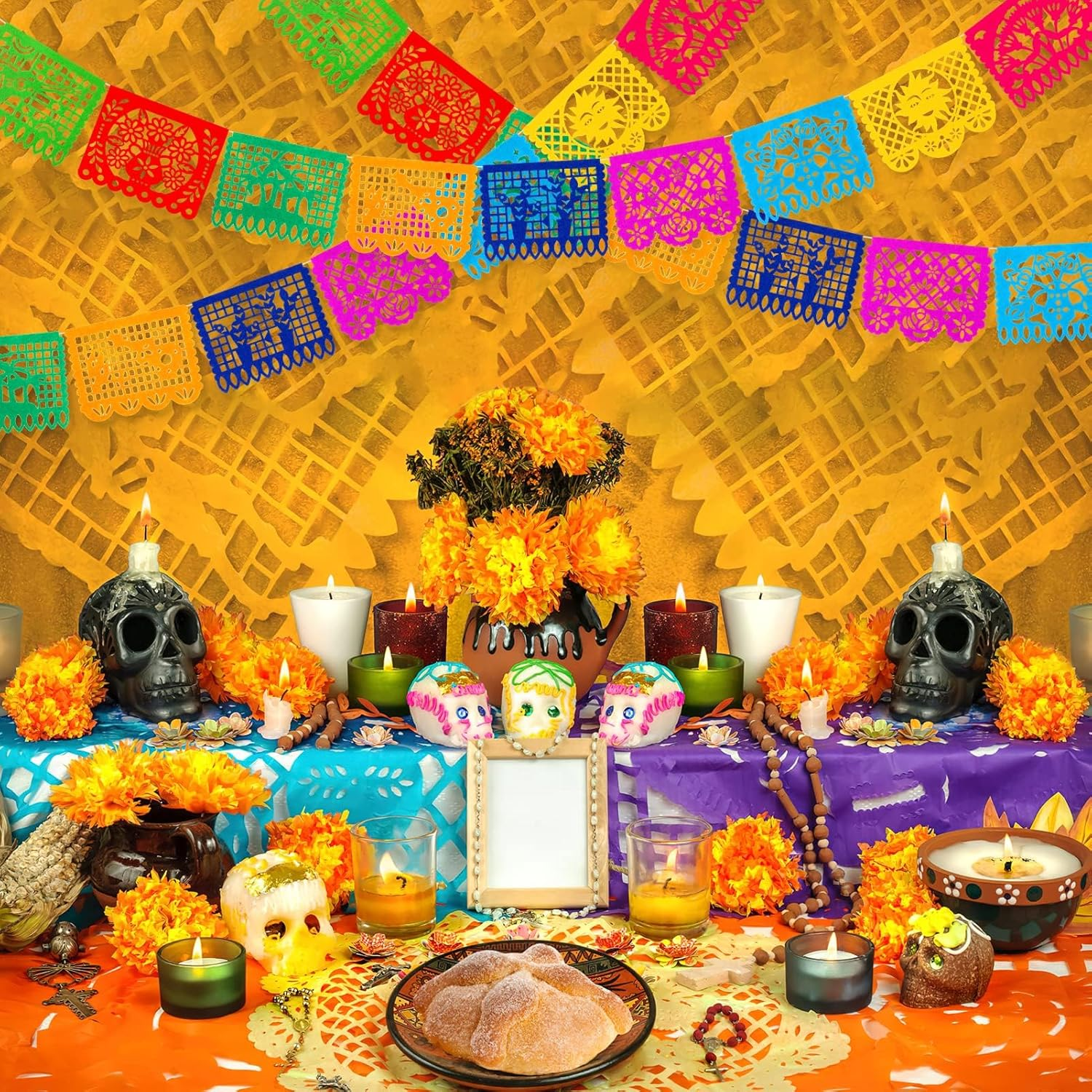 Hapurs 4 Packs Mexican Party Banner 38 Feet Fiesta Banner Cinco De Mayo Dia De Los Muertos Decor Day of the Dead Decorations Mexican Fiesta Themed Party Decorations Supplies image number 4