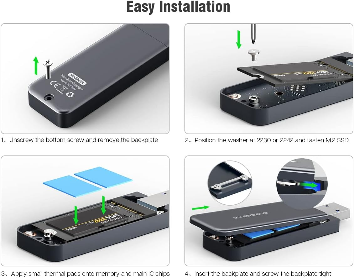 Elecgear USB Mini Enclosure for 2230/2242 Nvme and SATA M.2 SSD, Pcie and Serial ATA Aluminum Housing Case with Magnet Cap, 10Gbps Flash Drive Internal Memory Stick Card Reader (NV-2242A) image number 3