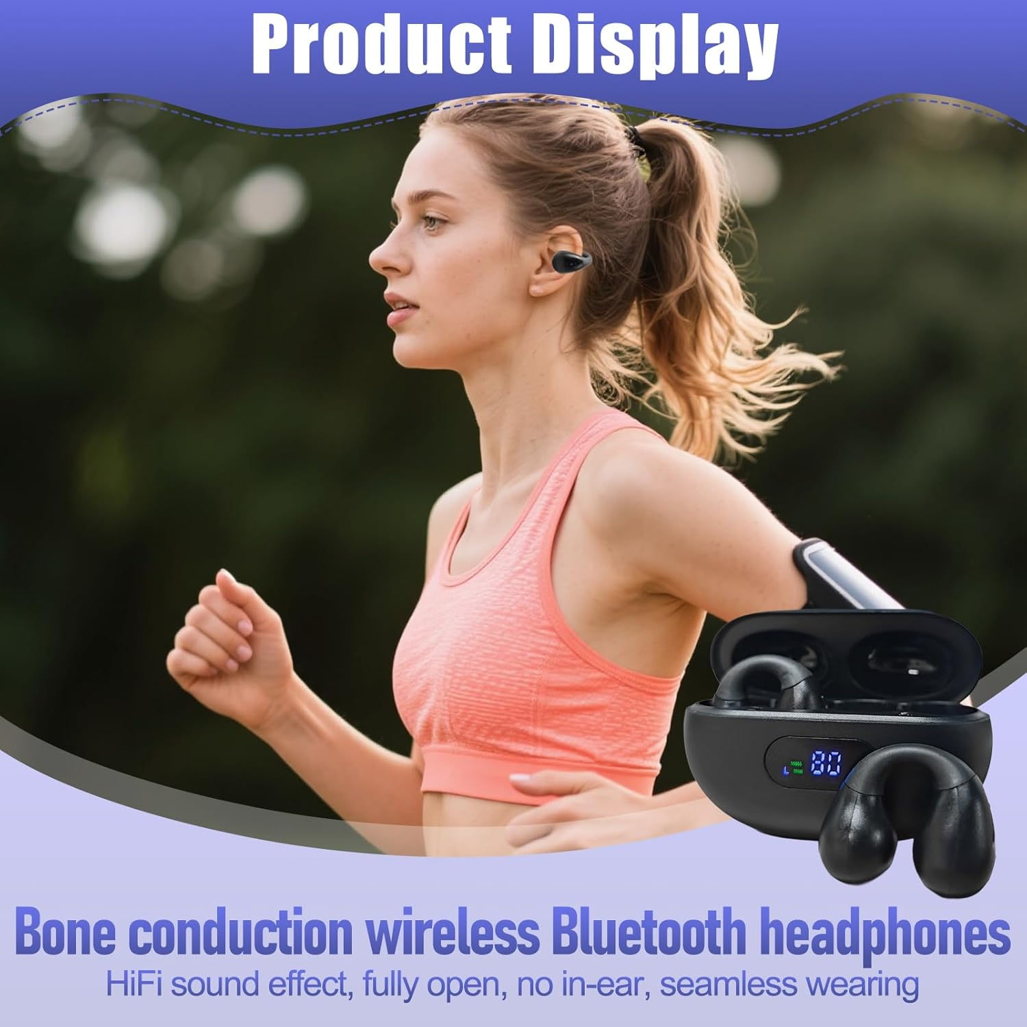 Open Ear Headphones, Bluetooth 5.3 Clip-On Open-Ear Earbuds with LED Display, 36-Hour Battery, Hi-Fi Stereo Sound, IPX4 Waterproof, Lightweight for Running, Workout, Dual Connection, No Sound Leakage image number 2