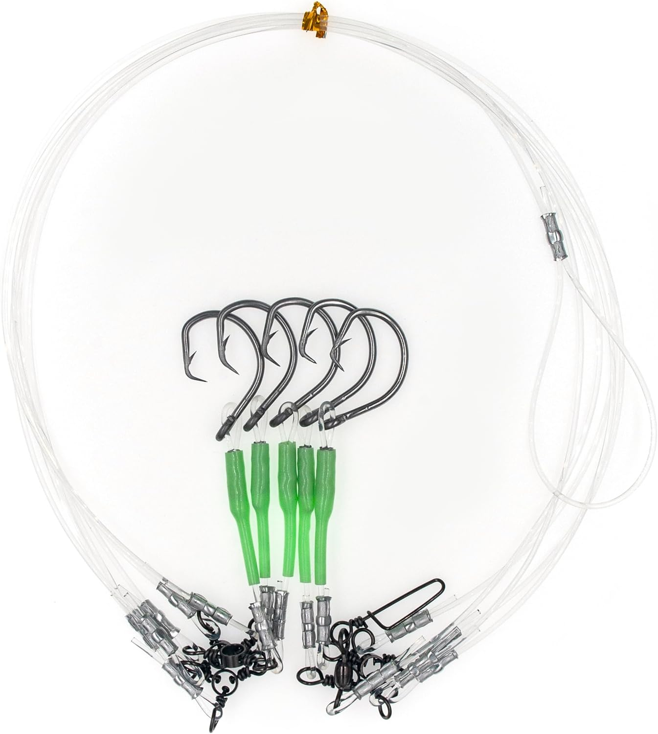 Deep Drop Rig, 5 Stainless Steel Tuna Circle Hooks with Glow Sleeves, Snapper, Tilefish Rig, Saltwater Offshore, Hooks Size 8/0, 9/0, 10/0, 11/0, 12/0, 13/0, 14/0, 15/0, 16/0