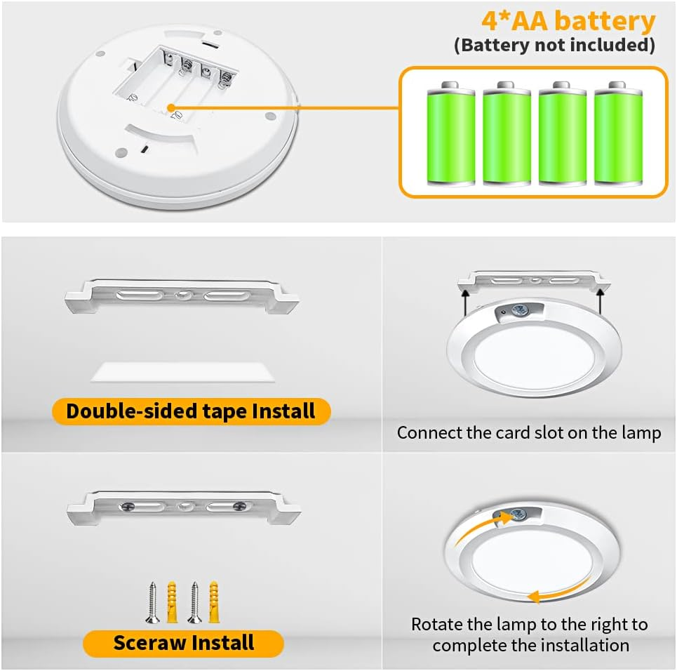 RAWNICE Motion Sensor Ceiling Light,Battery Operated Sensor Light Indoor,6.5'' Wireless LED Lights for Shed Loft Porch Toilet Garage Stair Hallway Cupboard Warm Light 210LM