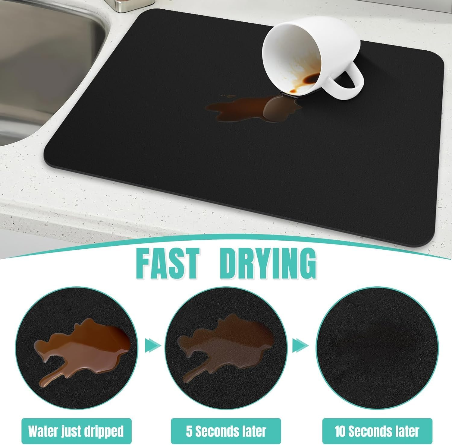 Dish Drying Mat for Kitchen Counter Coffee Machine Mat Counter Protector Spill Mat Non-Slip Rubber Mat for Coffee Machine (2P-BK, L) image number 3