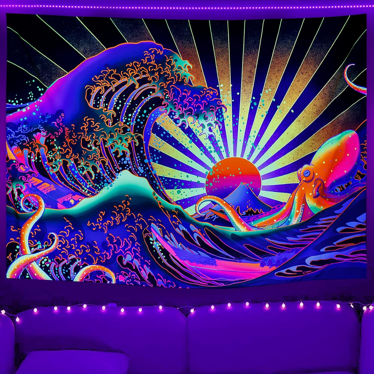 Blacklight Tapestry Great Wave Tapestry UV Reactive Japanese Kanagawa Sunset Tapestry Vintage Ocean Wave Octopus Tapestry Wall Hanging for Bedroom Backdrop