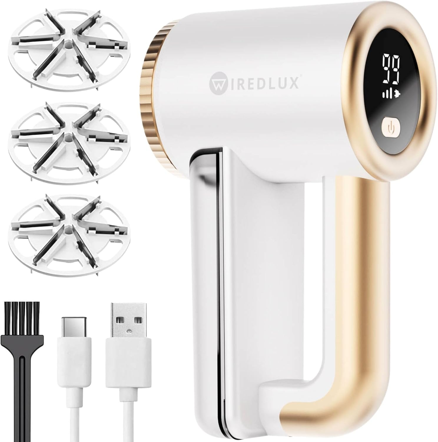 Electric Lint Remover Wiredlux - Rechargeable Fabric Shaver Bobble Remover for Clothes & Furniture - Adjustable 3-Speed, 6-Leaf Blade, LED Display, USB Charging (White) image number 1