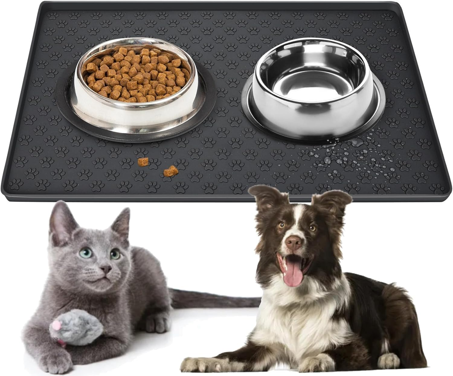 Silicone Waterproof Pet Feeding Mats, Food Mats, Pet Placemat for Dog and Cat, Mat for Prevent Food and Water Overflow, Non Slip, Washable, Easy Clean, Paw Pattern(Grey) image number 5