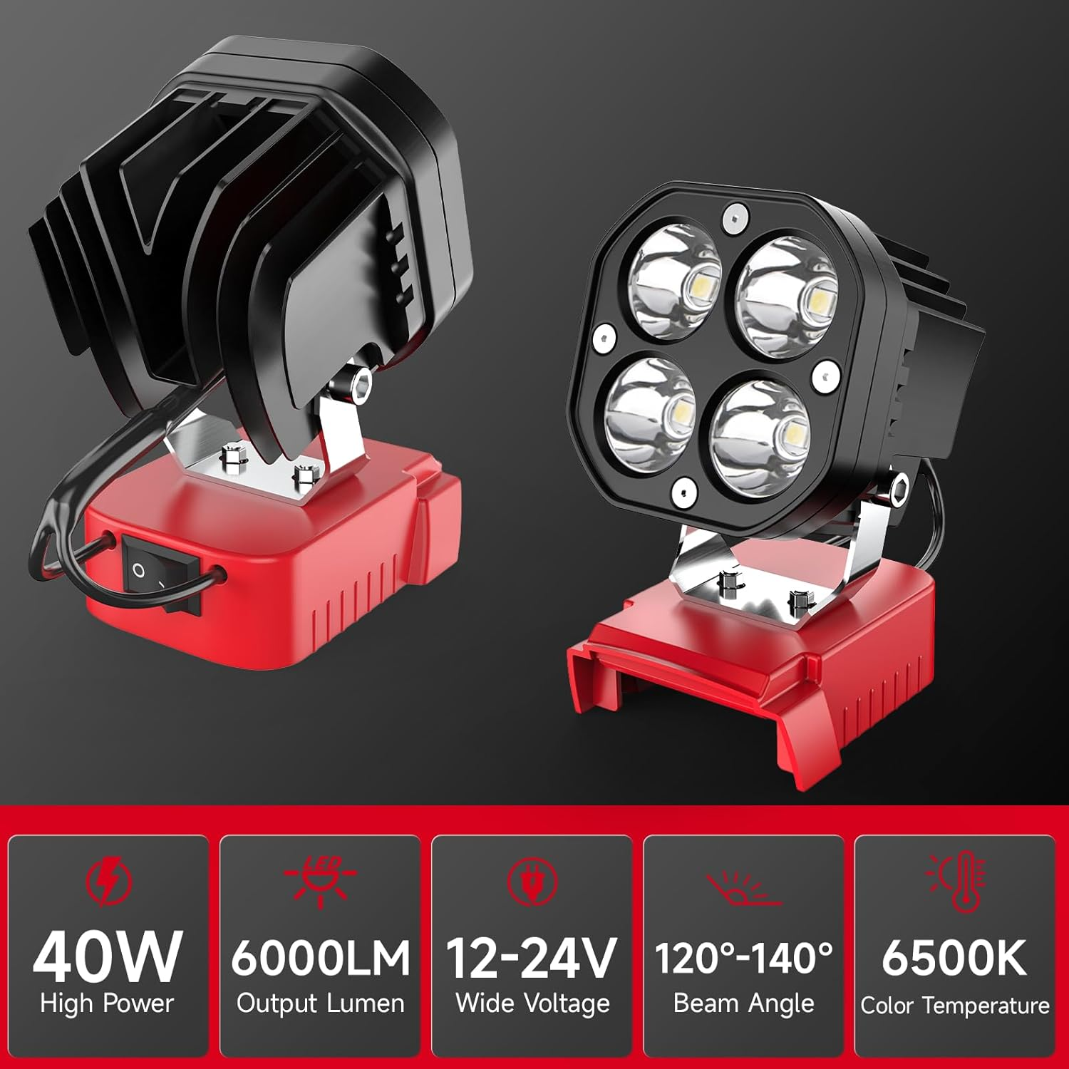 2 Packs LED Work Light for Milwaukee M18 18V Battery, 40W 6000LM Flashlight,18V Battery Cordless Work Light 120&deg;Adjustable with Low Voltage Protection for Outdoors Job Site Lighting image number 4