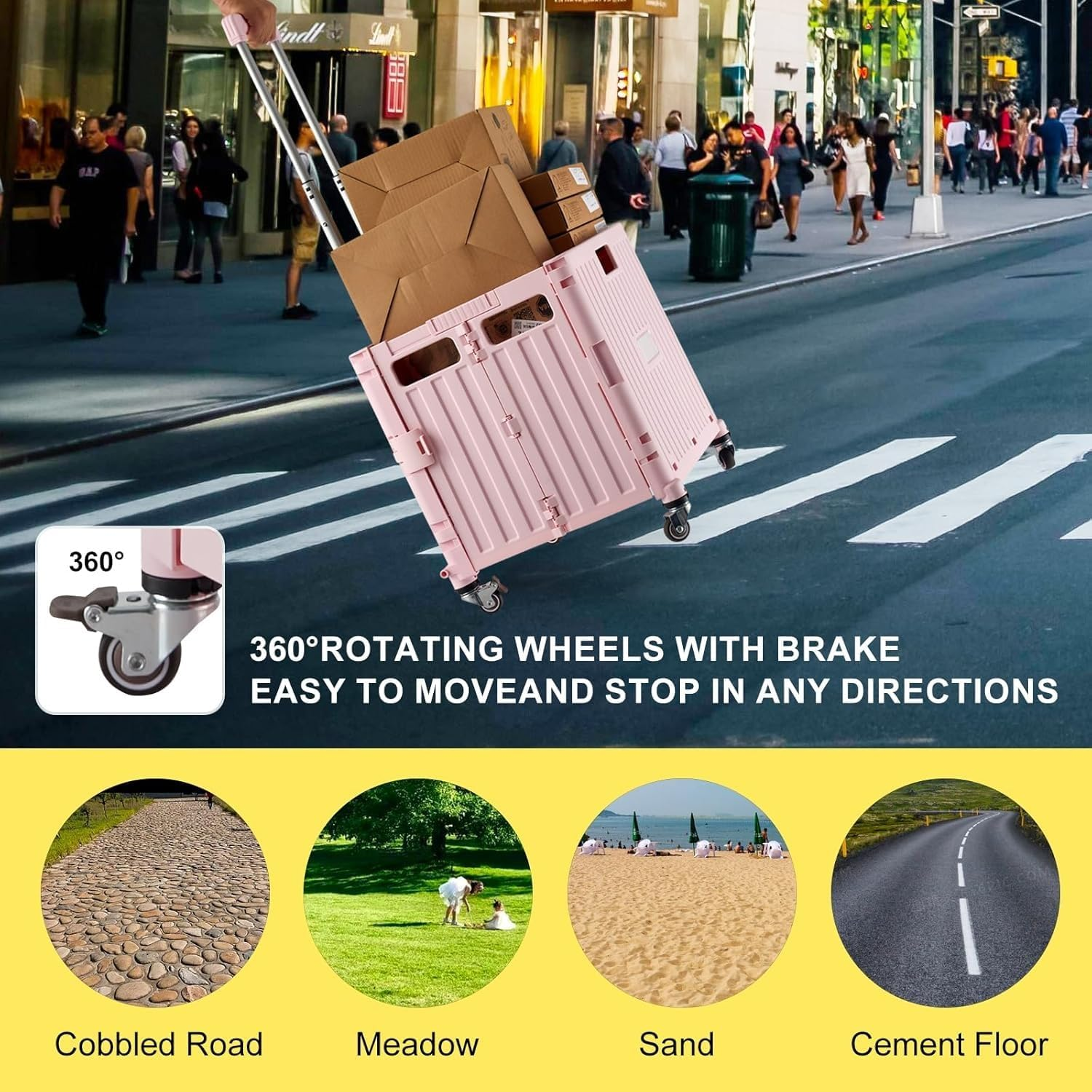 Folding Utility Cart with 4 Wheels, Black Foldable Cart with Telescoping Handle, Collapsible Cart with Wheels, Foldable Rolling Cart for Shopping, Office, Grocery Storage (Pink-65L) image number 4