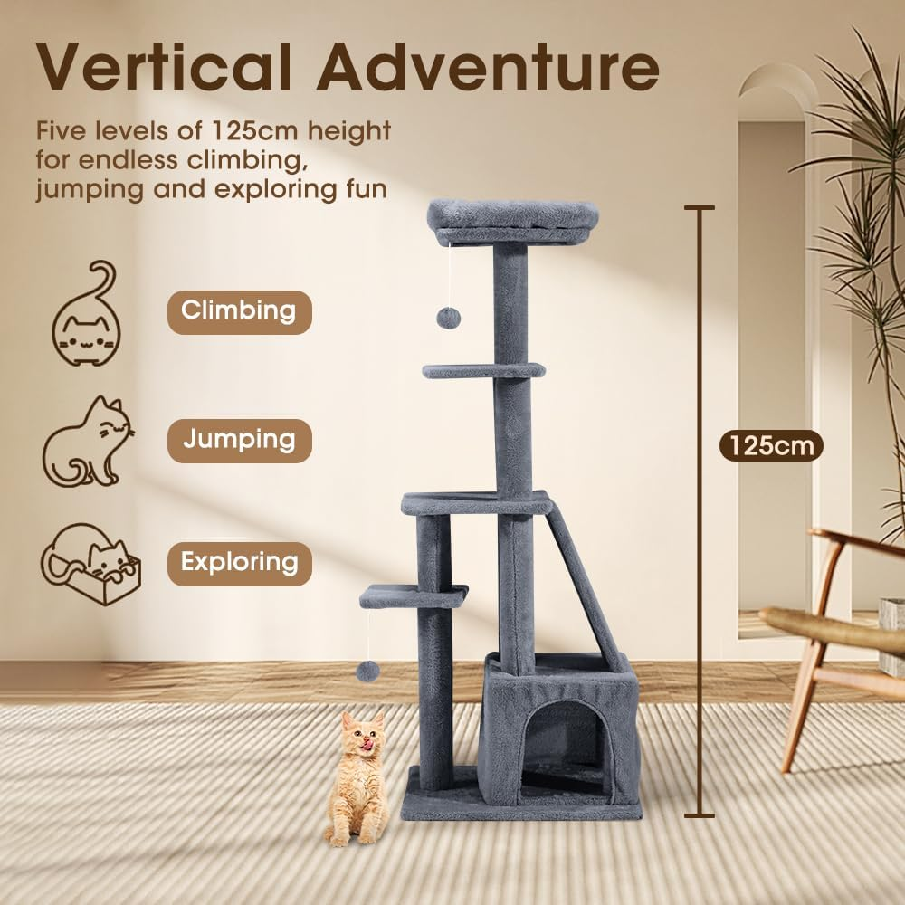 Cat Tower, 125Cm Cat Tree for Indoor Large Cats, Multi-Level Condo with Ladder, Hideaways, Pompoms and Toy, Dark Grey image number 2