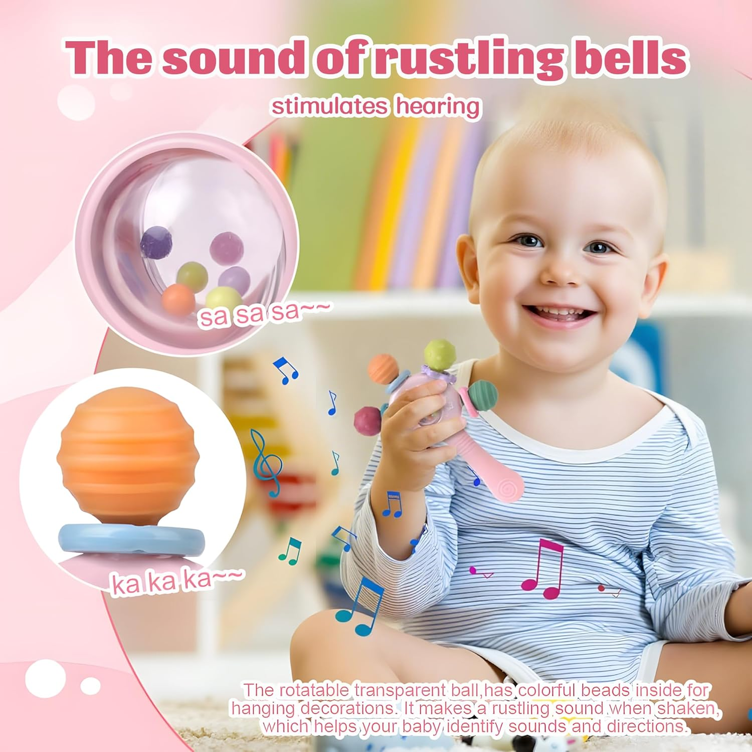 Baby Teether - Soft Silicone Baby Montessori Sensory Teether Toy- Chew Teether Toy for Babies - BPA Free Teething Sensory Rattle- Freezable Infant Soother Toy,Easy to Hold,Portable Rattle for Early Learning Education(Pink) image number 4