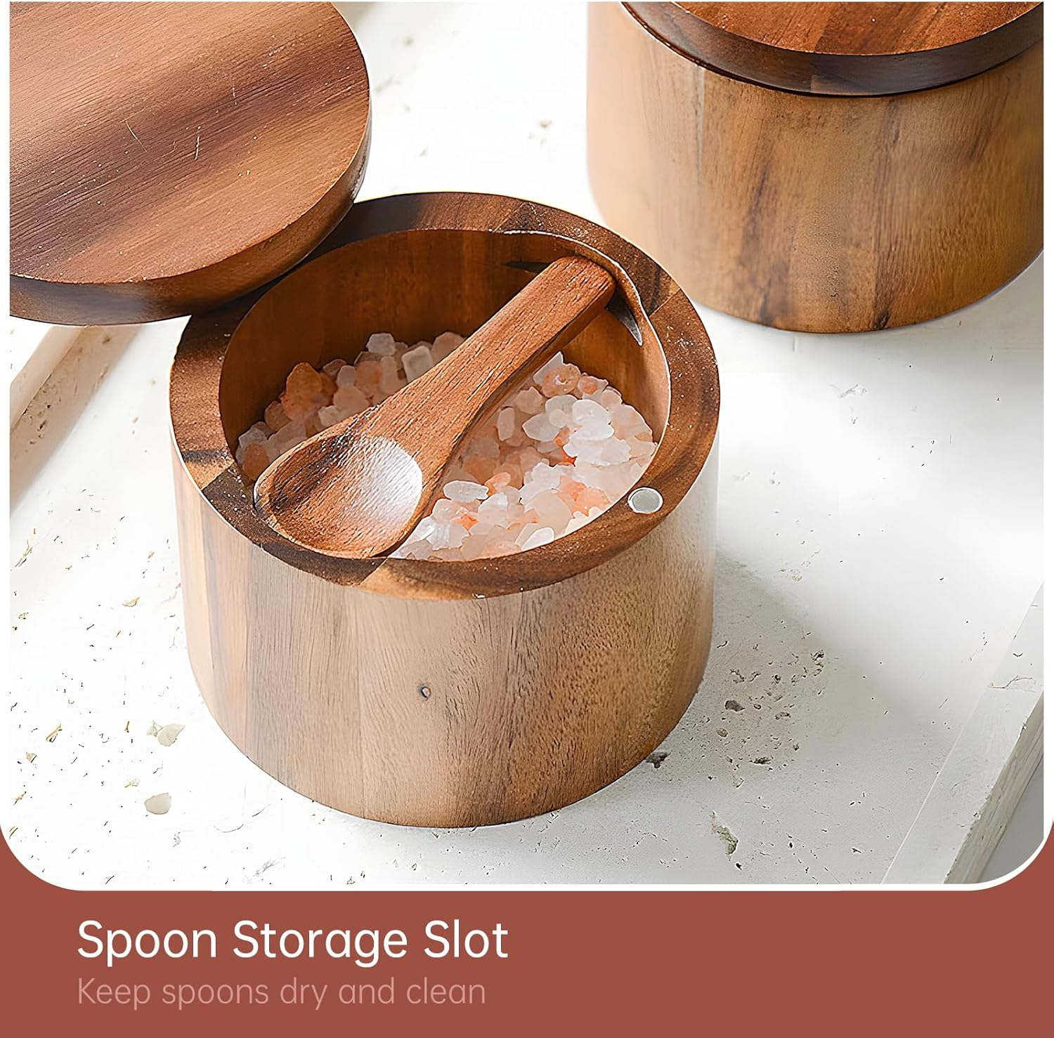 Wood Salt Shaker, Salt Pig with Built-In Spoon to Prevent Dust. Salt Cellar with Swivel Magnetic Lid. Practical Spice Jars for the Kitchen. 6Oz image number 2