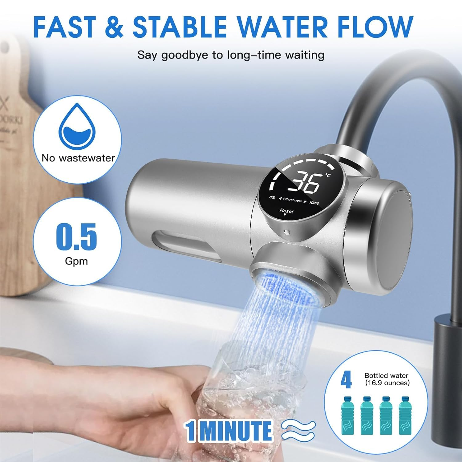 UV Faucet Water Filter, Smart Purifier | Nsf-Certified Lead/Chlorine/Metal Removal | Real-Time Filter Life Alert | 2 Cartridges & Universal Fit image number 2