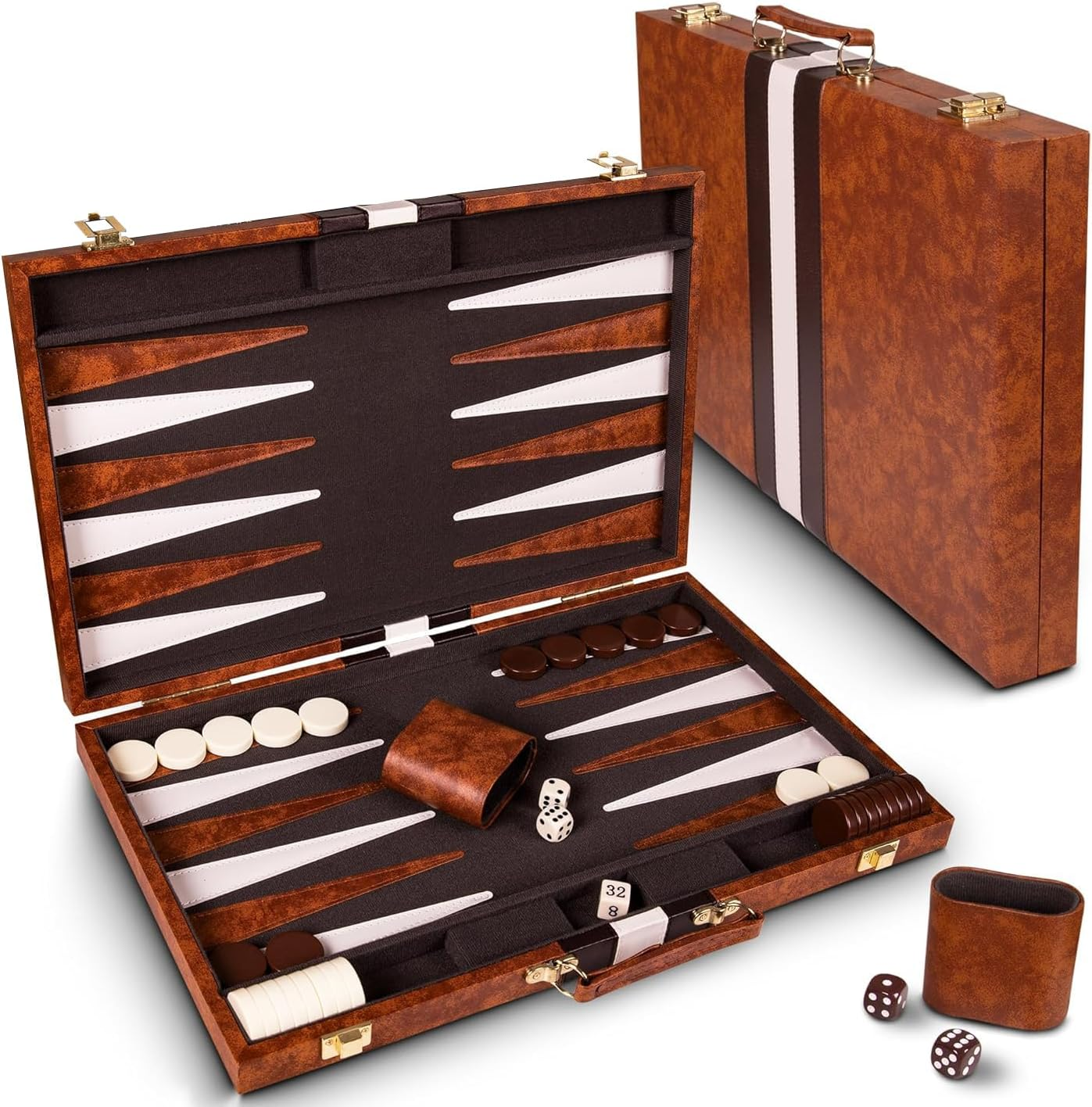 Backgammon Set, 38 CM Travel Backgammon Set with Premium Leather Case(Adults and Kids with Strategy & Guide)-Brown image number 3