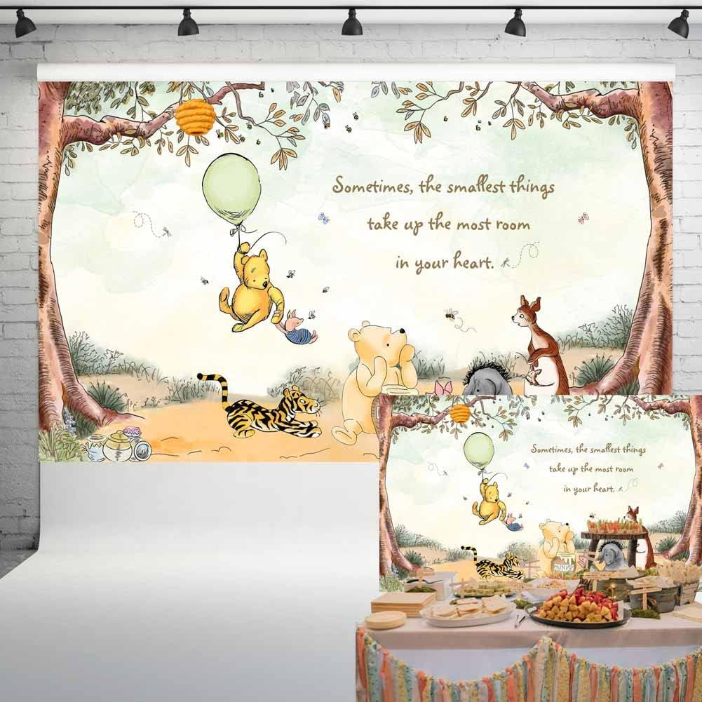 Vintage Pooh Bear Baby Shower Decorations Classic Winnie Neutral Backdrop with Green Balloon Newborn Birthday Cake Table Background 7X5 Ft 97