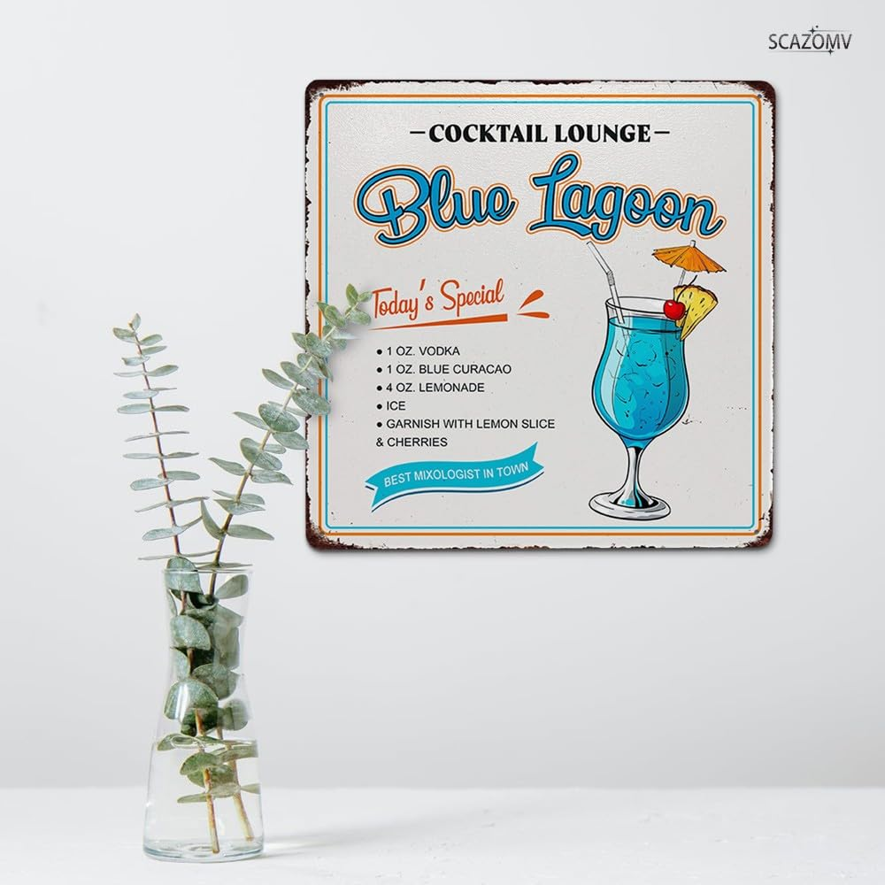 Cocktail Poster Vintage Metal Signs, Blue Lagoon Cocktail Recipes Tin Sign Decoration Bar Accessories Hanging Crafts Home Kitchen Pub Man Cave Wall Art Decor 8X8 Inch - Color060702 image number 7