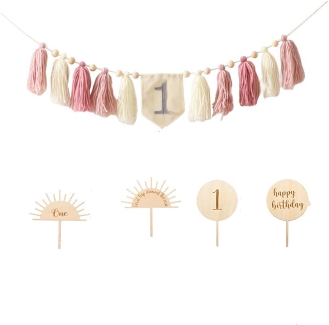 Handmade Boho 1St Birthday High Chair Banner Set, Pink First Birthday Tassel Banner Wooden One Cake Topper Party Decoration for Girl Birthday Baby Shower Photo Backdrop image number 1