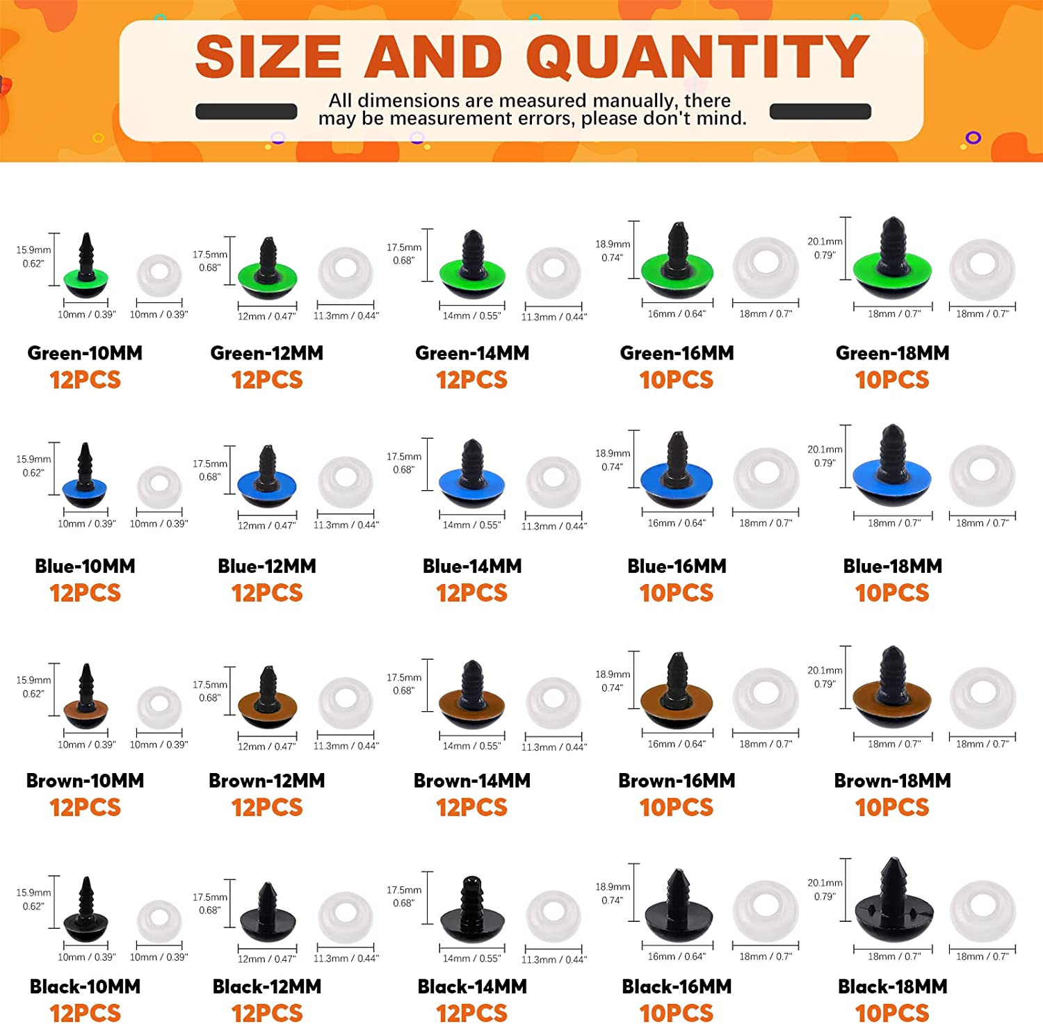 Tanstic 224Pcs Plastic Safety Eyes with Washers 4 Color Craft Doll Eyes for Doll Animal Crafts, Stuffed Crochet Animals (10Mm, 12Mm, 14Mm, 16Mm, 18Mm) image number 2