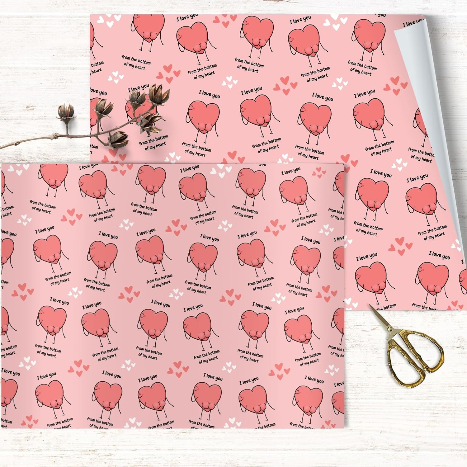 Limalima 4 X Wrapping Paper Sheets. Funny I Love You Heart Design Pink Perfect for Valentine Birthday Mother'S Day & Anniversary Suitable for Men Women Mum Dad Husband & Wife image number 1