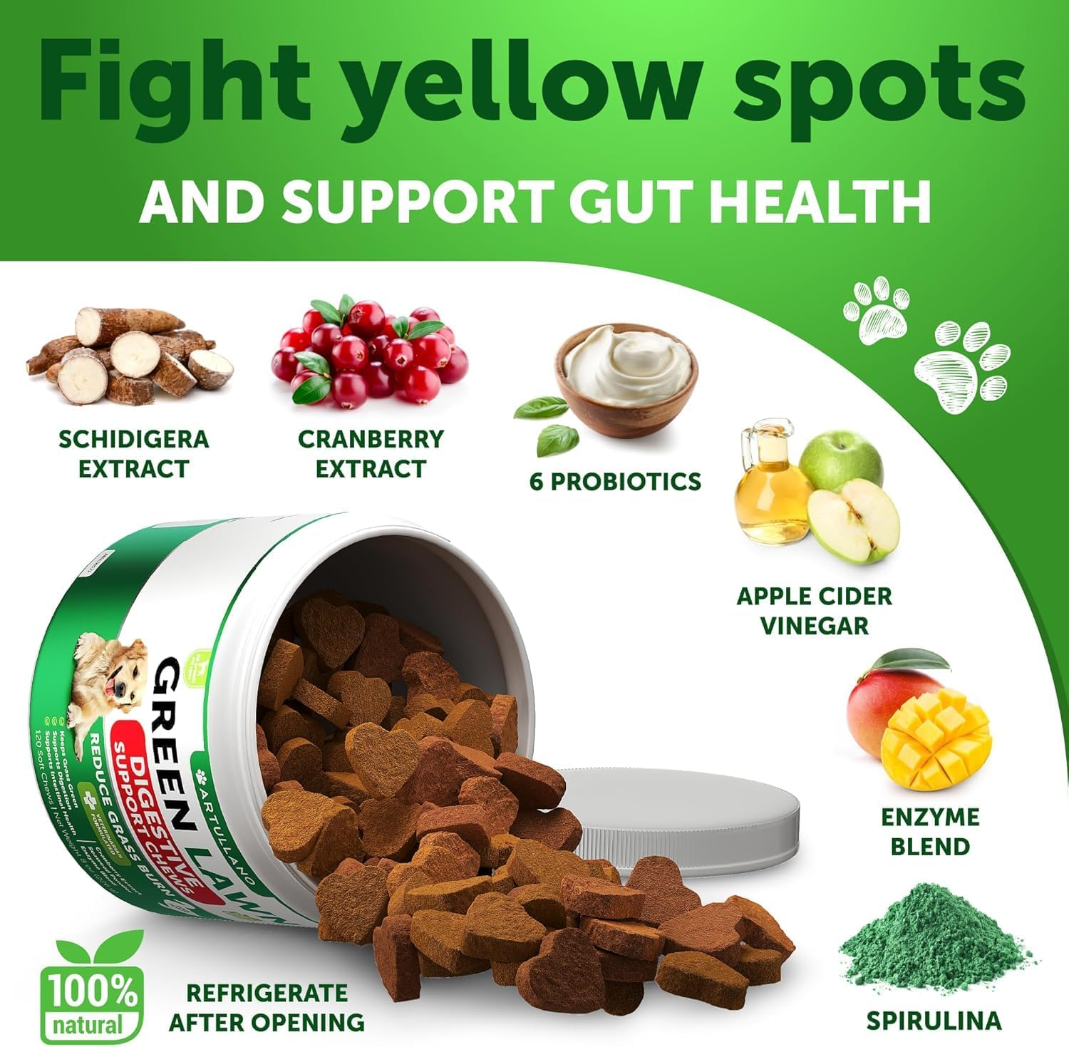 Grass Burn Spot Chews for Dogs - Pee Lawn Spot Saver Caused by Dog Urine - Grass Treatment Rocks - Urine Neutralizer for Green Lawn - Chewable Probiotics, Digestive Enzymes, Dl-Methionine - 120 Treats image number 5