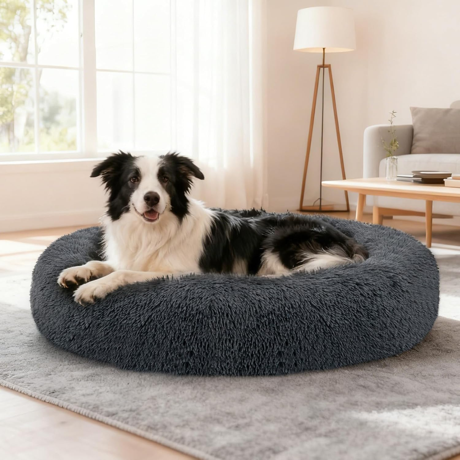 Dog Calming Donut Bed, Fluffy Plush Pet Bed Pillow Sofa Bed for Medium Large Dogs Cats, anti Anxiety Pet Bed Cuddle round Cushion with Non-Skid Bottom Washable, 80CM, Deep Grey