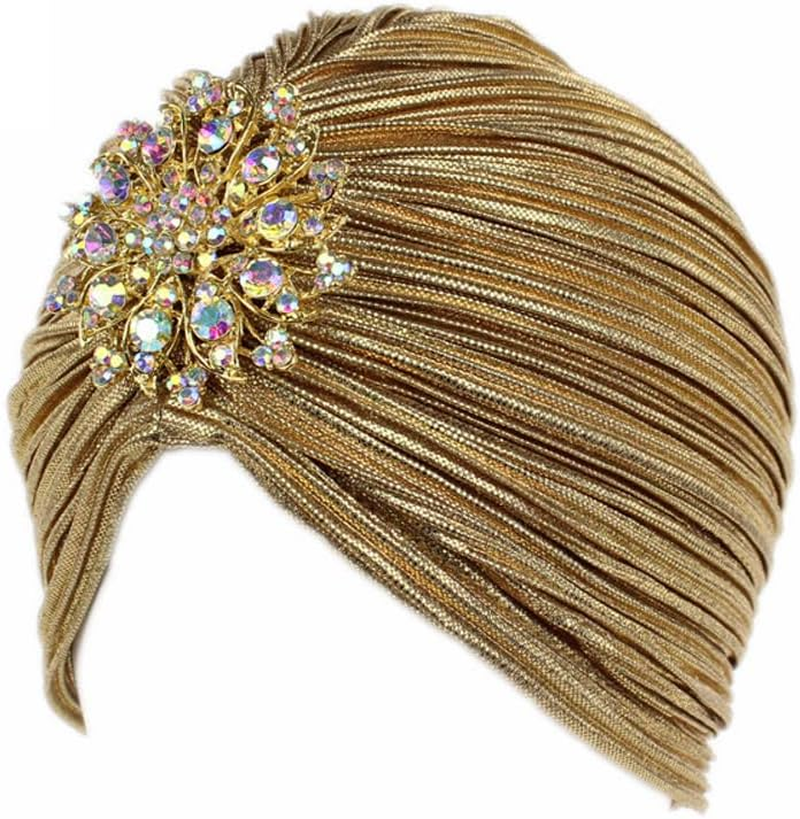 Women Vintage Turban Hat with Rhinestones Flower Decoration Beanie Cap Headwrap for 1920S Gatsby Costume Cocktail Party