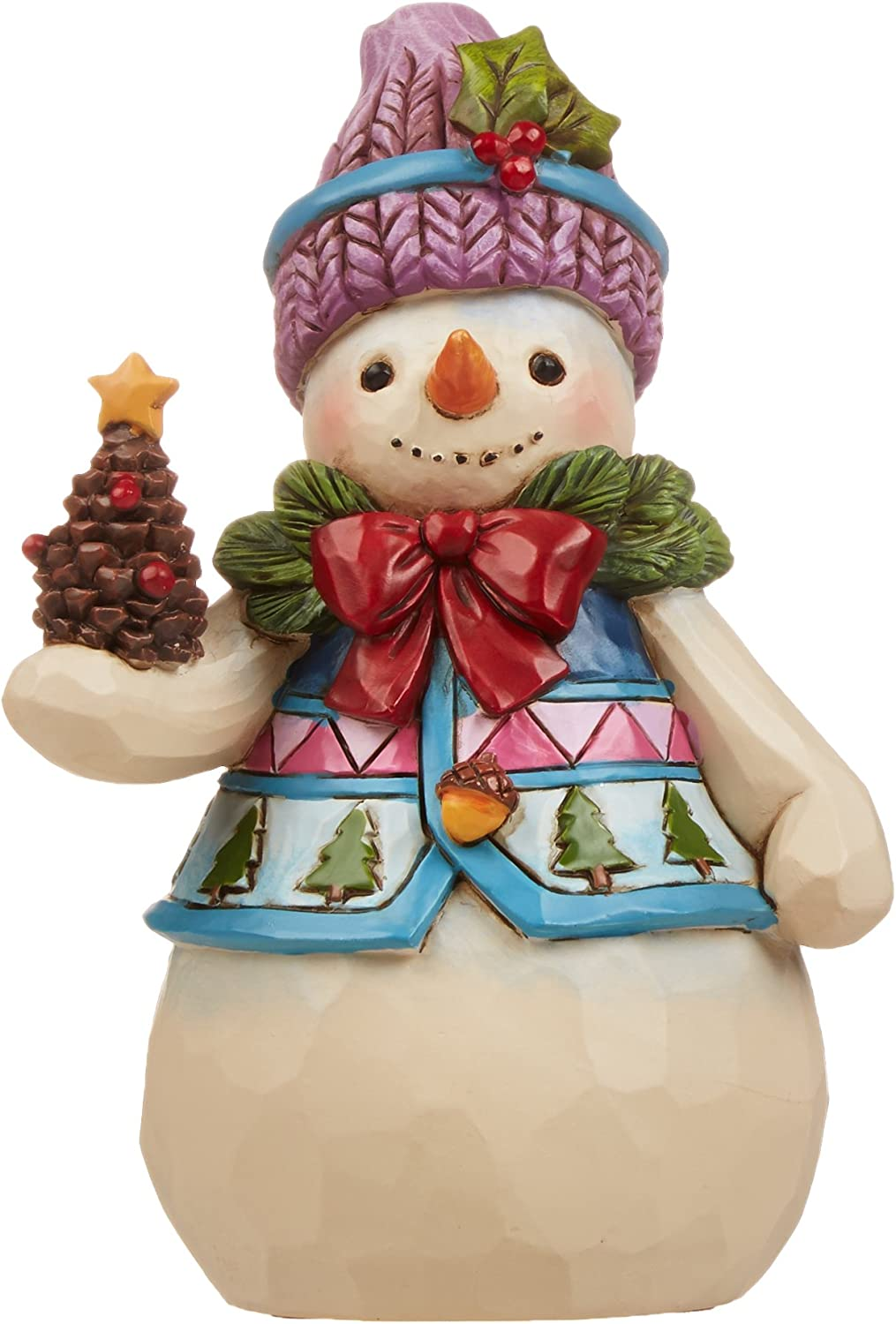 Enesco Jim Shore Heartwood Creek Pint-Size Snowman with Pinecone Stone Resin Figurine, 4.75&rdquo;, White, Red, Green, Blue