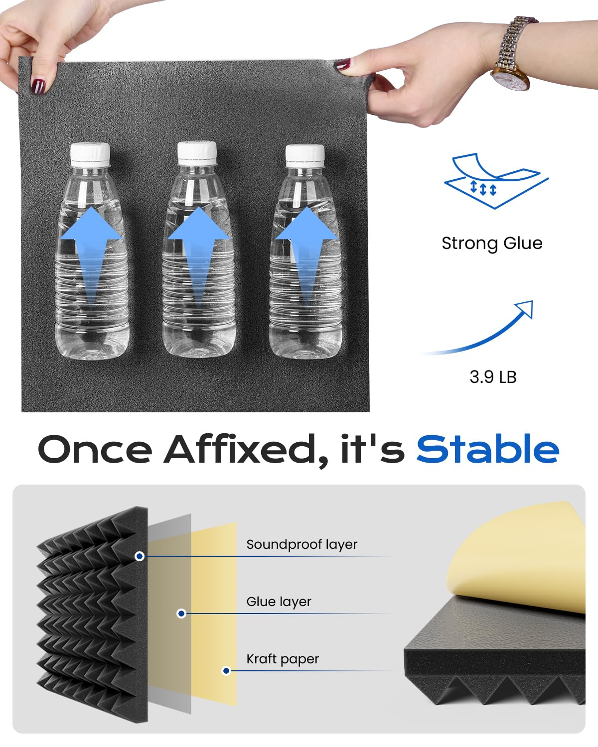 Sonicism 12 Pack Pyramid Sound Proof Foam Panels with Self-Adhesive,12'' X 12'' 1'' Acoustic of High Density,Soundproof Wall Fast Expand,Sound Absorption and Decoration (Black),(Wf008) image number 4