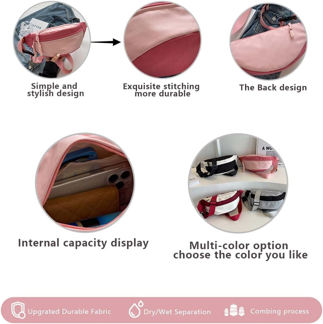 Men and Women'S Oxford Belt Bag Shoulder Bag with Adjustable Shoulder Strap and Zipper Pockets for School and Travel - Pink image number 1