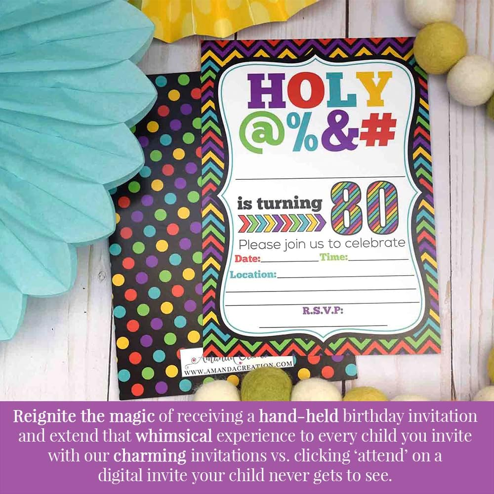 HOLY @% 80Th Birthday Party Invitations, 20 Funny 5"X7" Fill in Cards with Twenty White Envelopes for Milestone Birthdays by Amandacreation image number 2