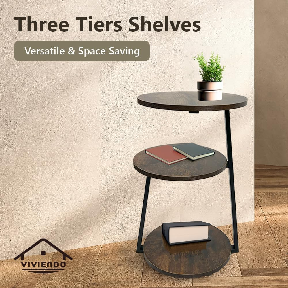 Viviendo 3-Tier Side Table, Industrial End Table for Living Room, Bedside Tables with Storage Shelves, Rustic Wooden Nightstand with Metal Frame image number 6