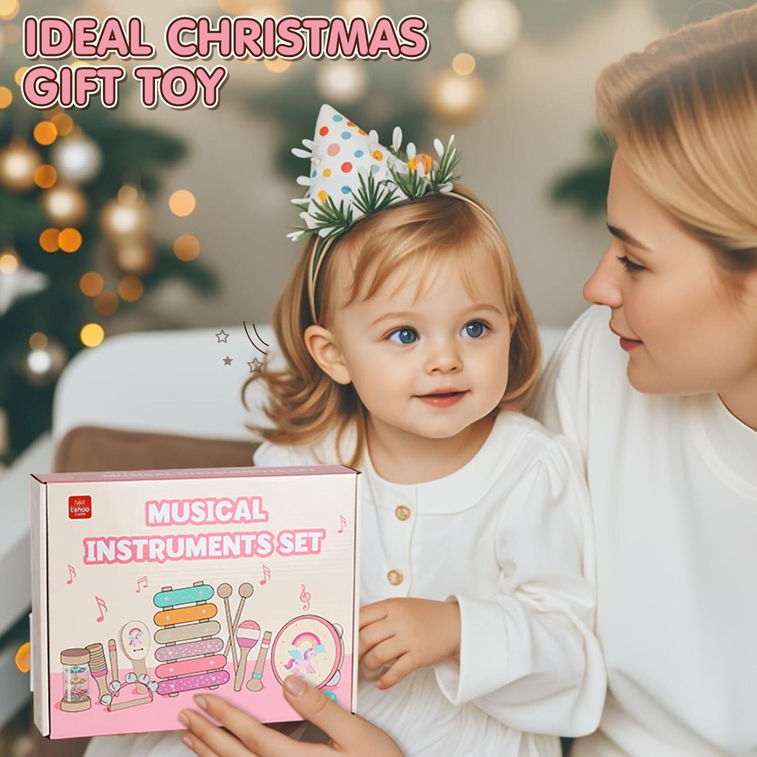 Lehoo Castle Wooden Montessori Musical Instruments Set, Toddler Toys with Xylophone, Tambourine, Drum, Clarinet, Hand Bells, Unicorn Theme image number 3