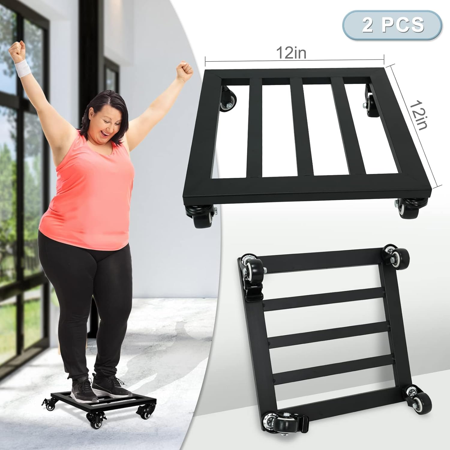 Plant Caddy with Wheels, 2 Pack 12 Inch Plant Stand with Wheels Metal Square Plant Dolly with Lockable Caster Wheels Heavy Duty Plant Dolly Base for Indoor Outdoor Holds up 380 Lbs Pots Planter, Black image number 4