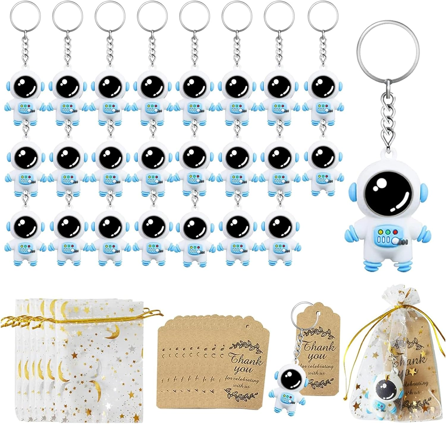 24 Sets Astronaut Party Favours, Astronaut Space Keychains with Organza Bags Thank You Kraft Tags Bulk Return Gifts for School Reward Birthday Baby Shower Favours Astronomy Party Supplies image number 5