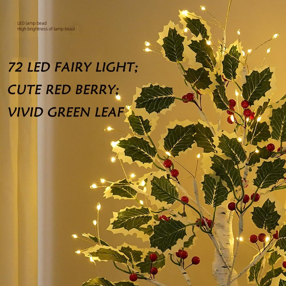 2FT Fairy Lights Birch Tree 72 LED Tree Lamp with Timer for Easter Christmas Decorations Light Spirit USB or Battery Powered Branch Lighted Trees Indoor Outdoor (72 LED, Green Tree with Berry Decor) image number 4