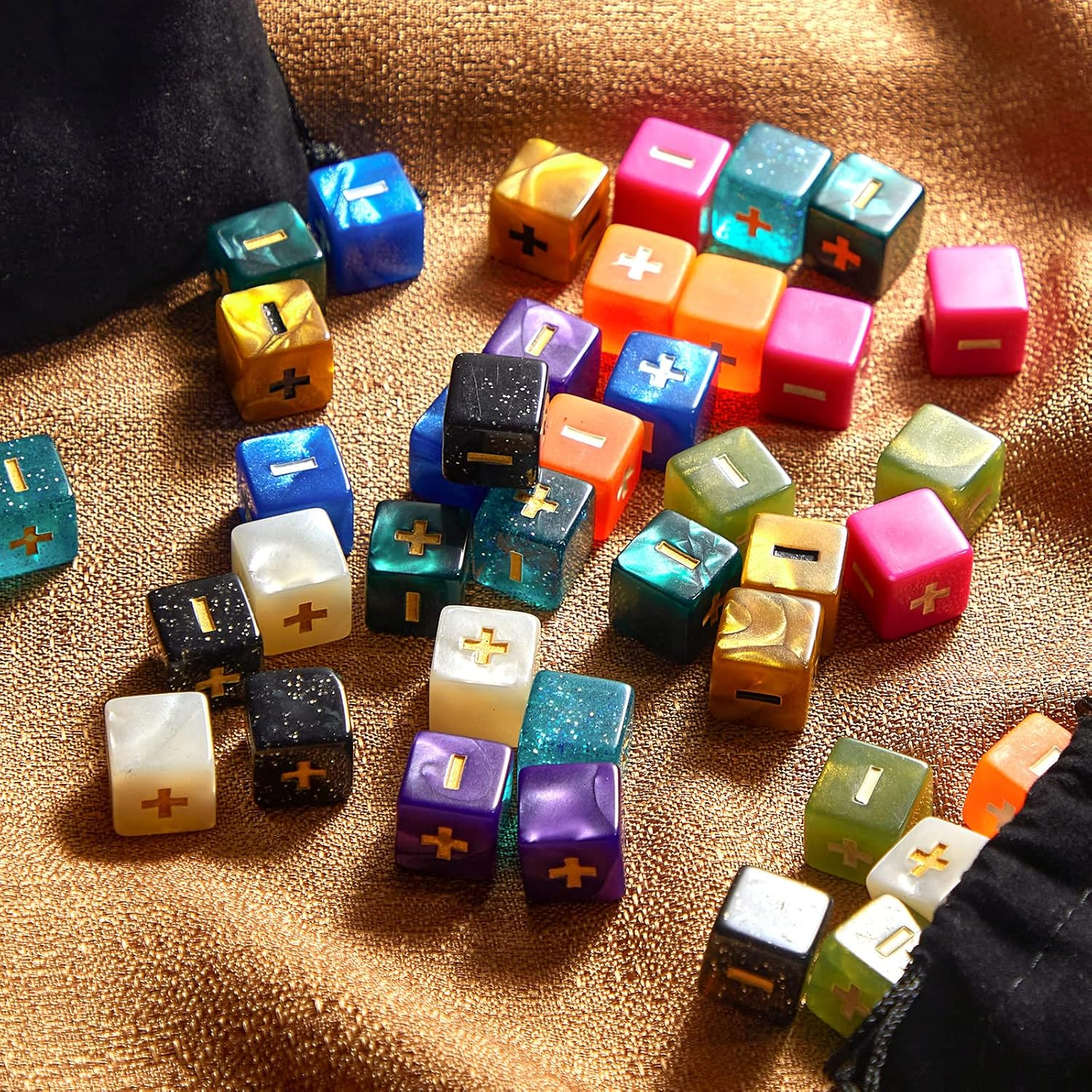 Sumind 40 Pcs Fudge Dice with 2 Black Velvet Bags plus minus Dice Multicolored Acrylic Dice Toys with Plus, Minus, and Blank Sides for Kids Classroom Teacher Teaching Games Props, 10 Colors image number 1