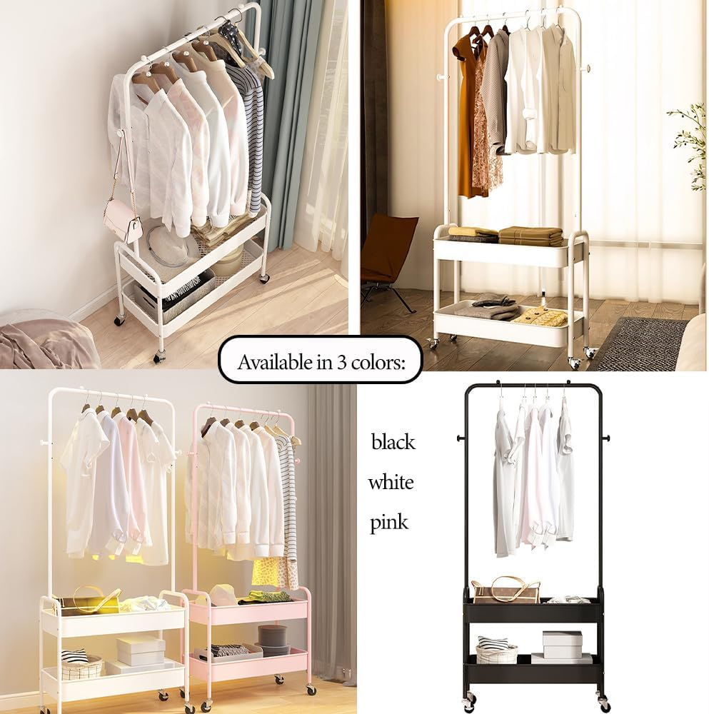 Clothes Rack Metal Clothes Rail Coat Rack for Bedroom Heavy Duty Clothing Rack Garment Rack 2-Tier Storage Shelves with Small Wheels Organiser Clothes 68Cm Width - Space-Saving Organizer (White) image number 4