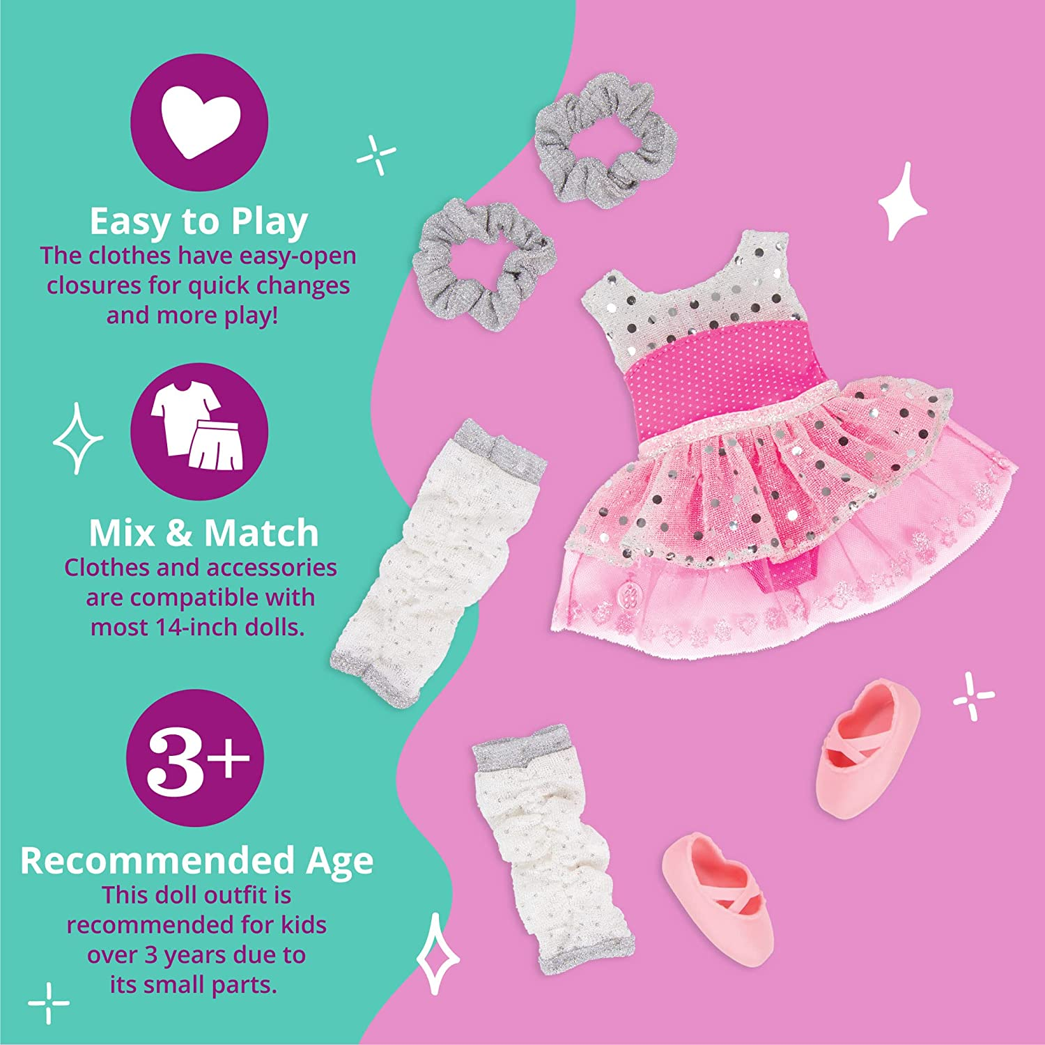 Glitter Girls &ndash; 14-Inch Doll Clothes &ndash; Twirls of Joy Ballerina Outfit Hearts & Stars &ndash; Ballet Dress, Hair Elastics, Shoes &ndash; 3+ Years image number 6