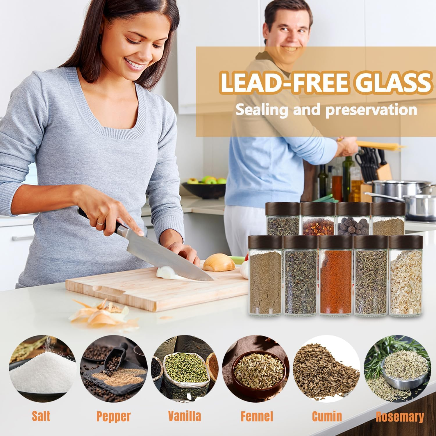 Necomi 24Pack Spice Jars with Labels & Bamboo Lids，120Ml/4Oz Kitchen Glass Spice Jars, Spice Containers with Shaker Lids, Label, Pen, Brush, Silicone Funnels (24Pcs) image number 2