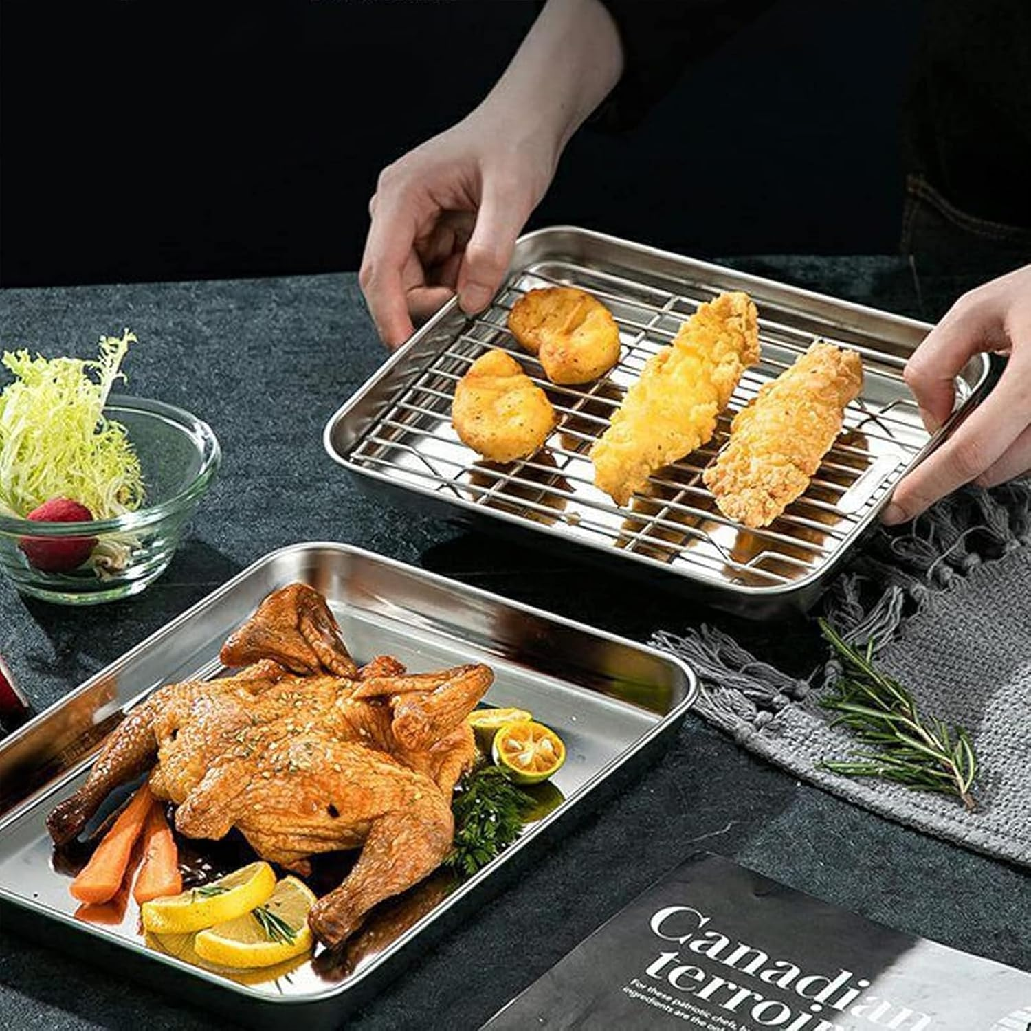 9 X 6.9 X 0.98 Inch Baking Sheets and Racks Set, Stainless Steel Baking Sheet Oven Tray and Cooling Gridrack for Cookies and Meats(Pans + Racks) image number 3