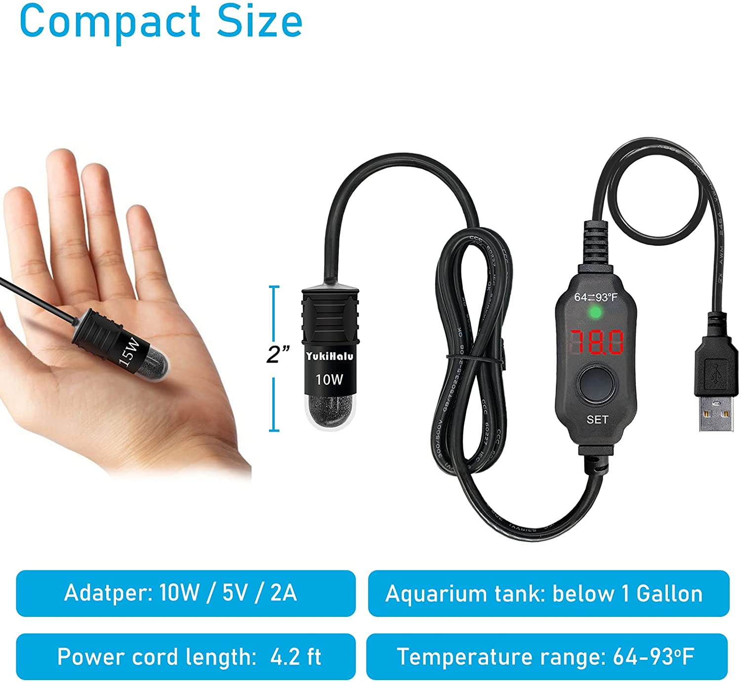 Yukihalu USB Powered Submersible Aquarium Heater, 10W/5V/2A Adapter, Mini Fish Tank Heater 10W with External Temperature Controller, LED Display, Used for 0.5-1 Gallon Tank (Without Adapter) image number 4