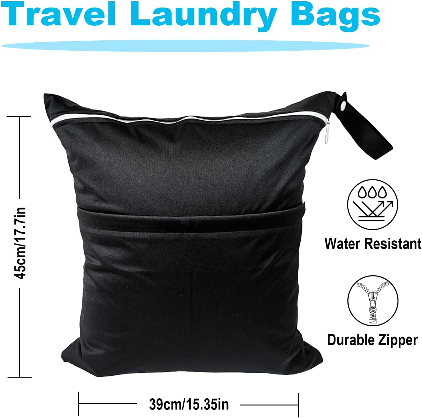 2 Pack Travel Laundry Bag with 2 Zippered Pockets & Handle 39 * 45Cm Water-Resistant Wet Dry Bags for Dirty Clothes, Gym, Swimming, Yoga, Bathing Suits (Black + Grey) - 1 Black + 1 Wave Pattern image number 5