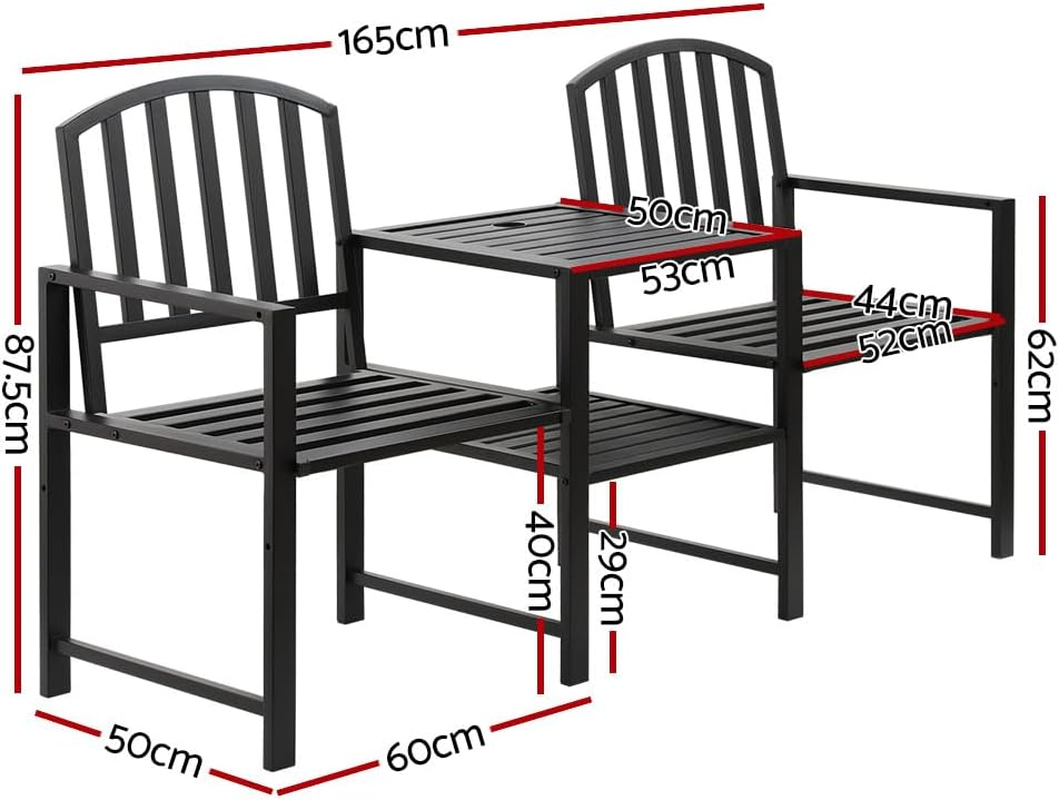 Gardeon Outdoor Garden Bench Seat, 2 Seater Steel Benches Lounge Chair Relax Patio Furniture Chairs Park Pool Backyard, with Folding Table Umbrella Hole Black image number 6
