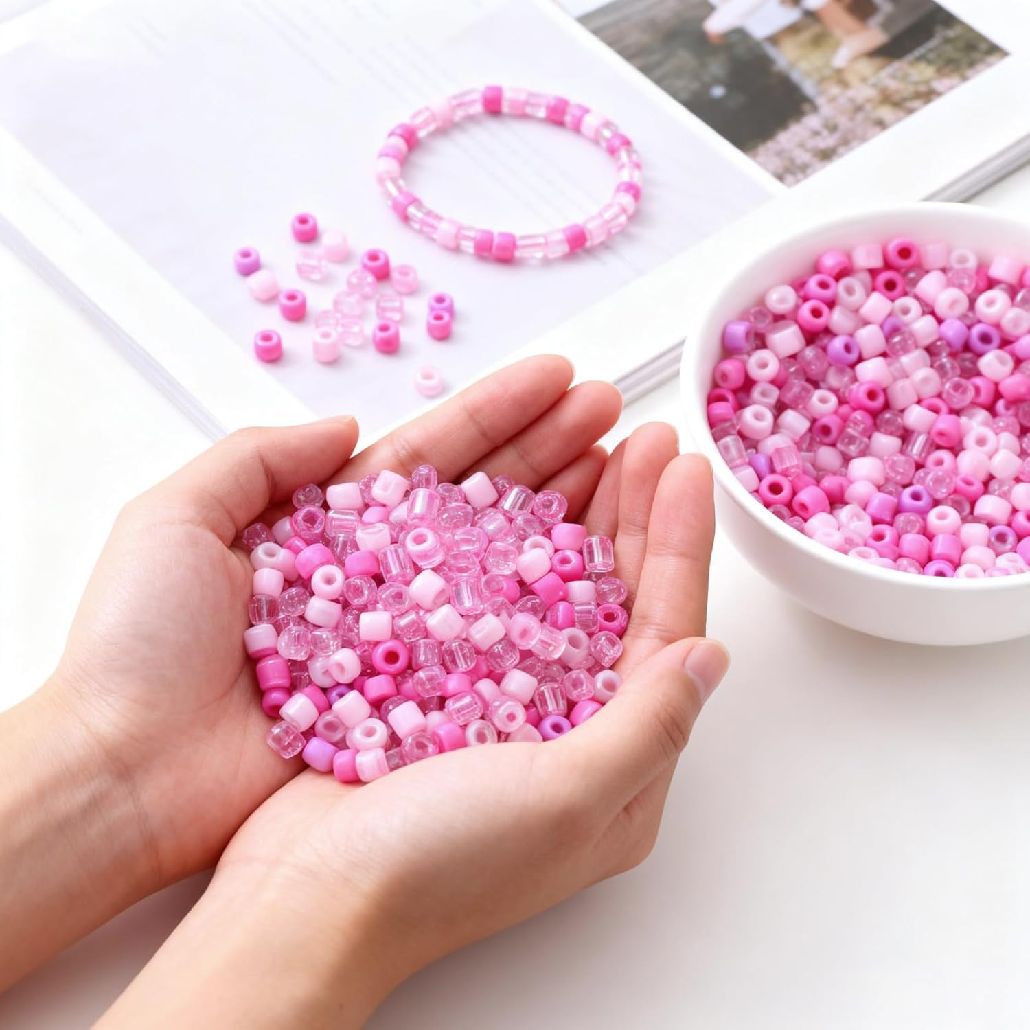 1200 Pcs Winter Pony Beads Pink Pony Bead Colorful Glitter Beads for Jewelry Making Winter Party Decoration Bracelets Necklace Earrings Hair DIY Crafts (Pink) image number 3