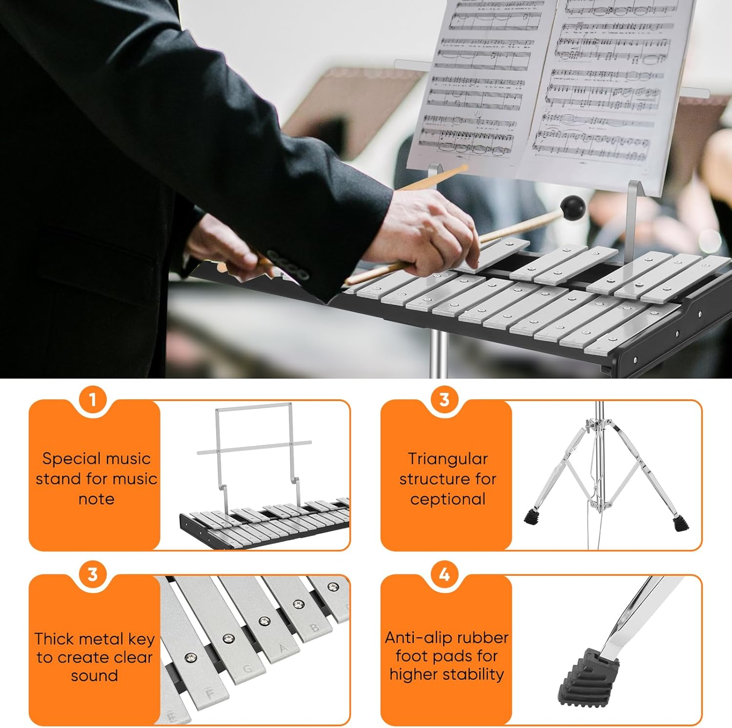 Glockenspiel Xylophone Bell Kit (32 Notes with Stand,Pad)