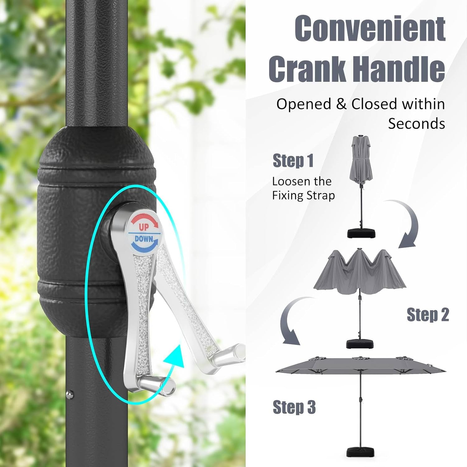 Costway 4 M Double-Sided Patio Umbrella with Base & Solar Lights, Outdoor Twin Umbrella W/ 48 LED Lights, Crank Handle, Air Vents, Oversized Rectangle Market Umbrella for Poolside Garden image number 4