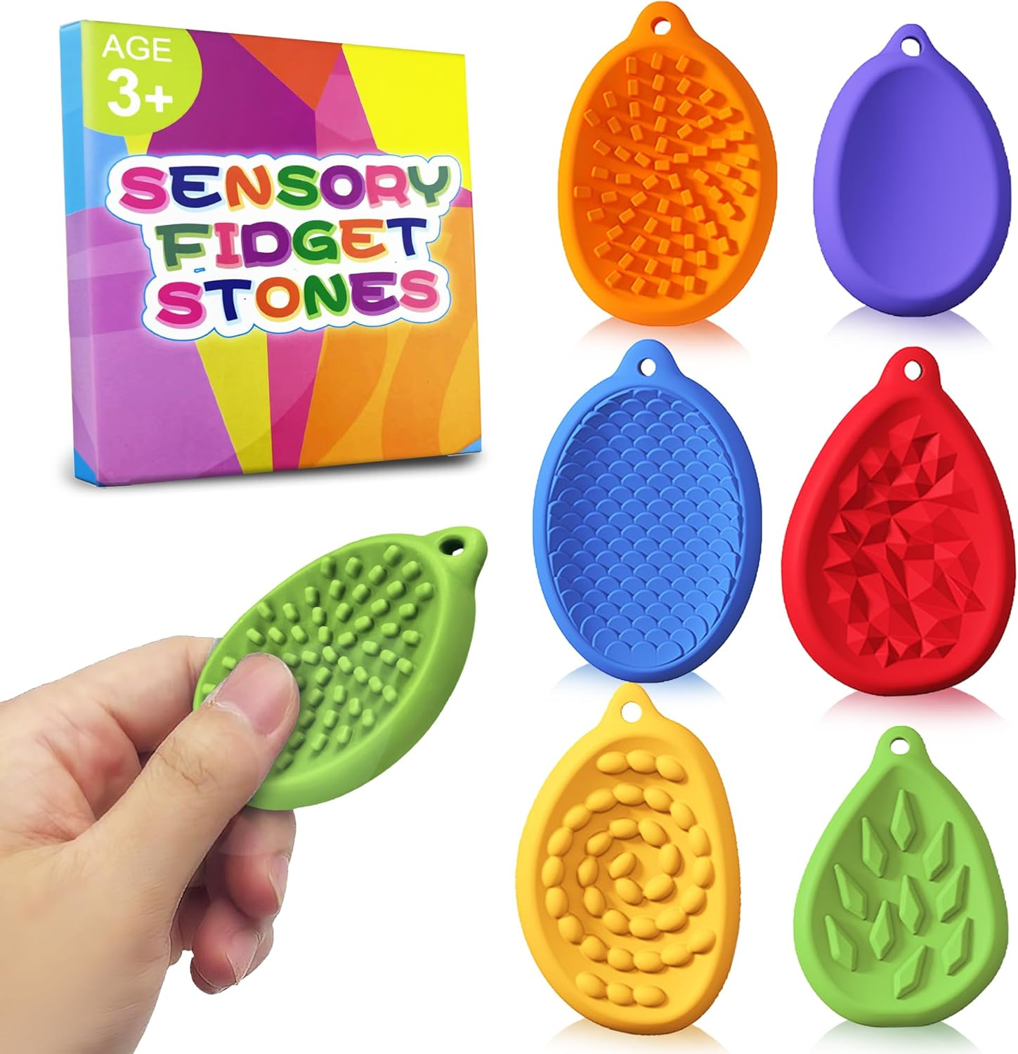 Fidget Toys Worry Stone for Kids 6 Pack Silicone Chewy Nacklace Sensory Stones Toy for Autism ADHD Kids Adults Anxiety Relief Quiet Figette Stress Chew Toys Classroom Prizes Stocking Stuffers Gifts image number 4
