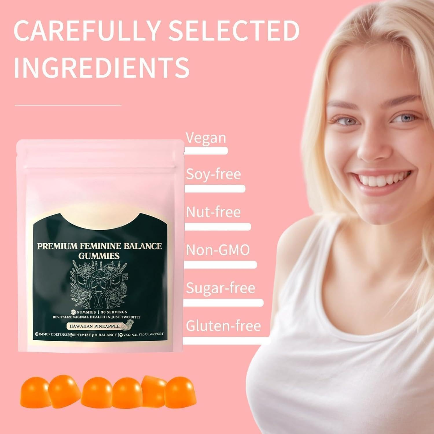 Feminine Balance Gummies | for Women&rsquo;S Health - Gluten-Free & Pineapple - 60 Vegan image number 3