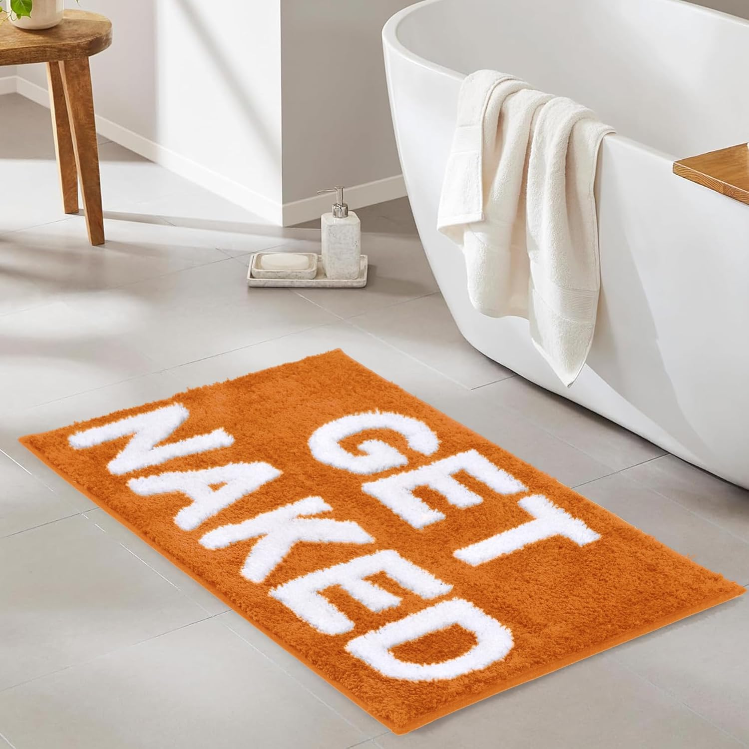 Zeeinx Get Naked Bath Mat Cute Bathroom Rugs Non Slip Microfiber Bath Rugs Funny Autumnbathroom Decor Machine Washable Orange Bath Mat for Tub and Shower,20&rdquo;X32&rdquo;