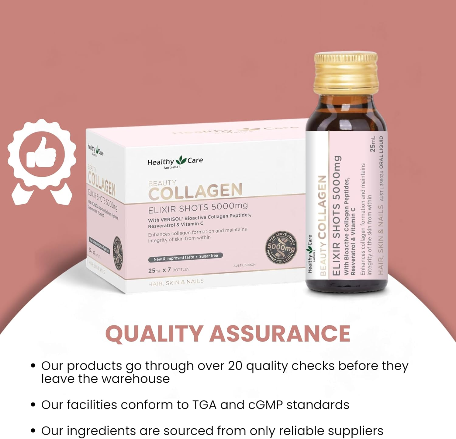 Healthy Care Beauty Collagen Elixir Shots - Enhances Skin Elasticity, Supports Hair and Nail Growth - Premium Dietary Supplement - Infused with Verisol Collagen, Resveratrol & Vitamin - 5000 Mg image number 1