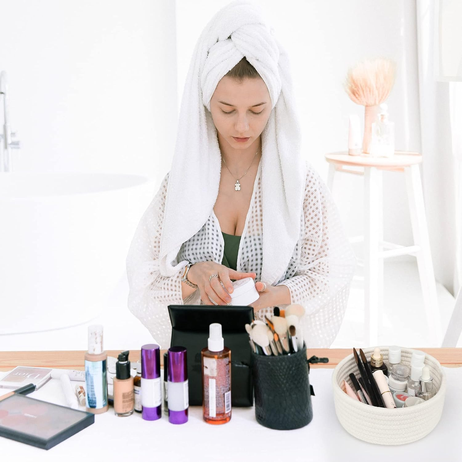 Abenkle 2 Pack Small Baskets, Cotton Rope Woven Basket, Cute Mini Tiny Storage Baskets, Decorative Boho Basket for Nursery Living Room Bedroom Montessori Shelf, Empty Gift Basket - White - Blue image number 6