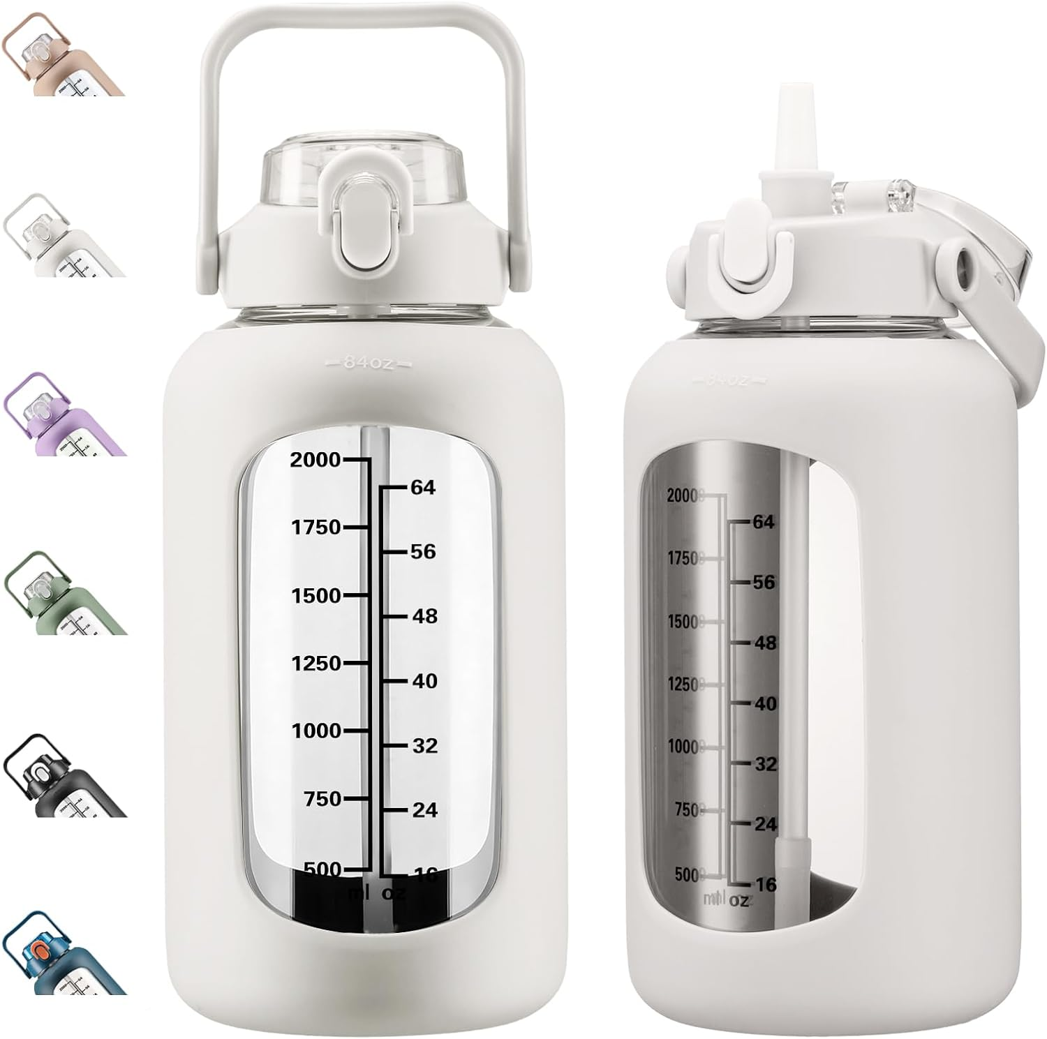 Kytffu 64Oz Glass Water Bottles with Straw, Half Gallon Motivational Glass Bottle with Silicone Sleeve and Time Marker, 2L Leakproof Large Glass Water Jug for Gym Home Office,Blue image number 5